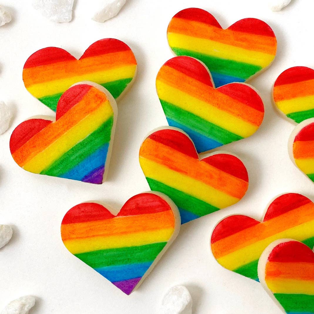 Candy Pride Rainbow Hearts on a white table
