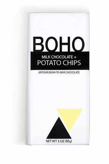 The front of a wrapped Milk Chocolate + Potato Chips Bar from BOHO Chocolate, with a white background.