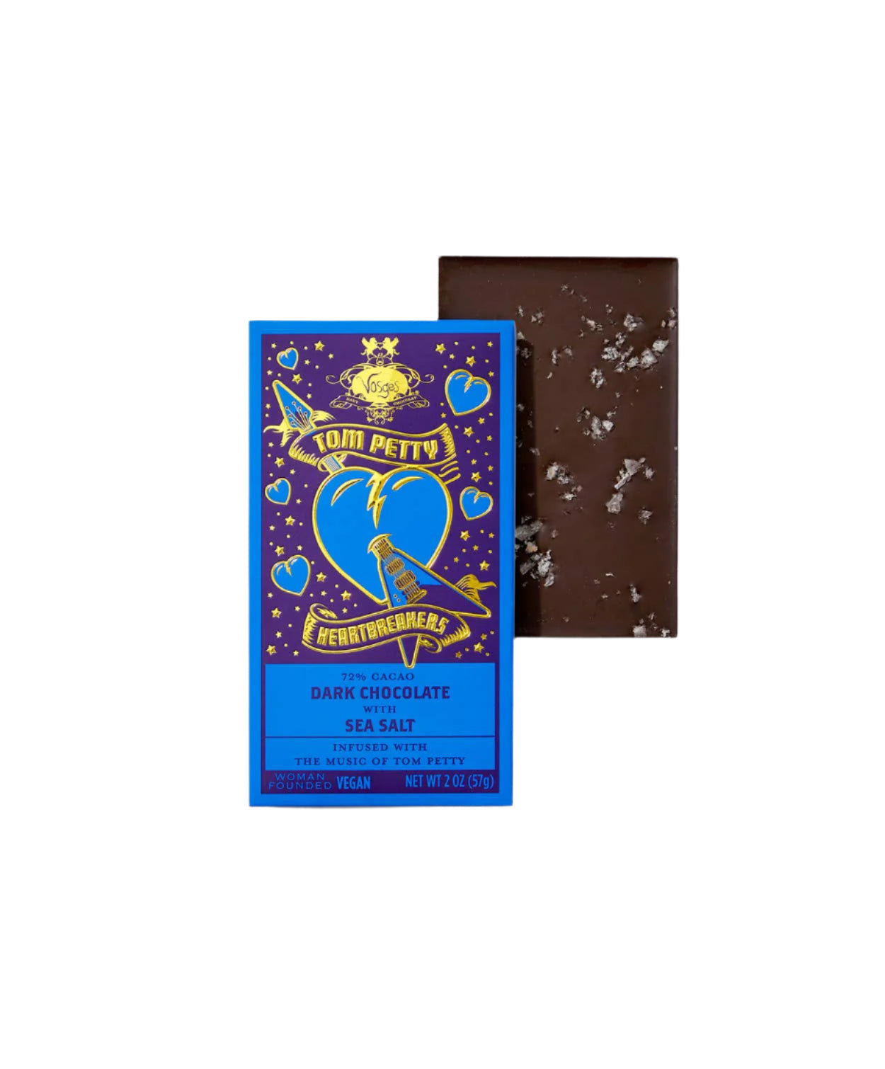 Tom Petty x Vosges 72% Dark Chocolate w/ Sea Salt against a white background