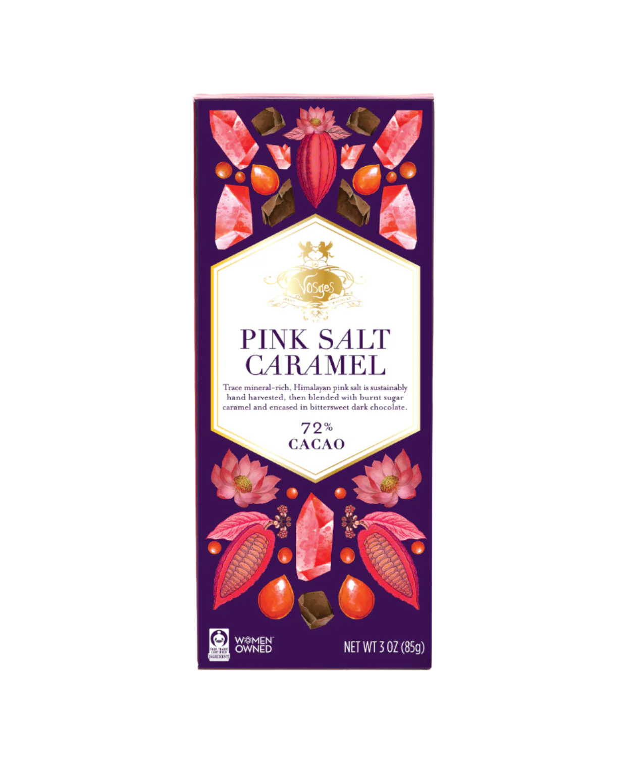 Dark Chocolate Bar 72% with Himalayan Pink Salt & Caramel against a white background