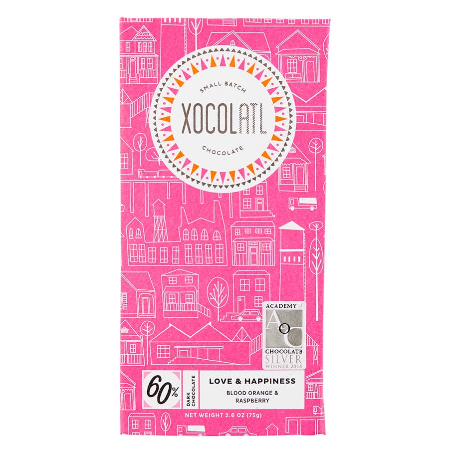 Love & Happiness: 60% Dark Chocolate with Raspberry & Orange bar against a white background