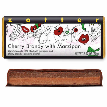 Cherry Brandy with Marzipan (Hand-scooped Chocolate) against a white background