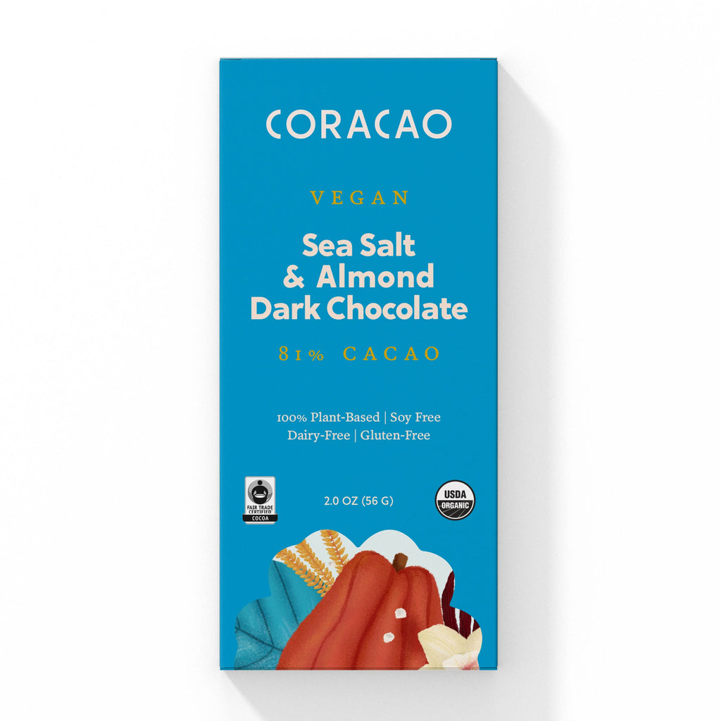 The front of a wrapped Sea Salt & Almond Dark Chocolate bar against a white background.