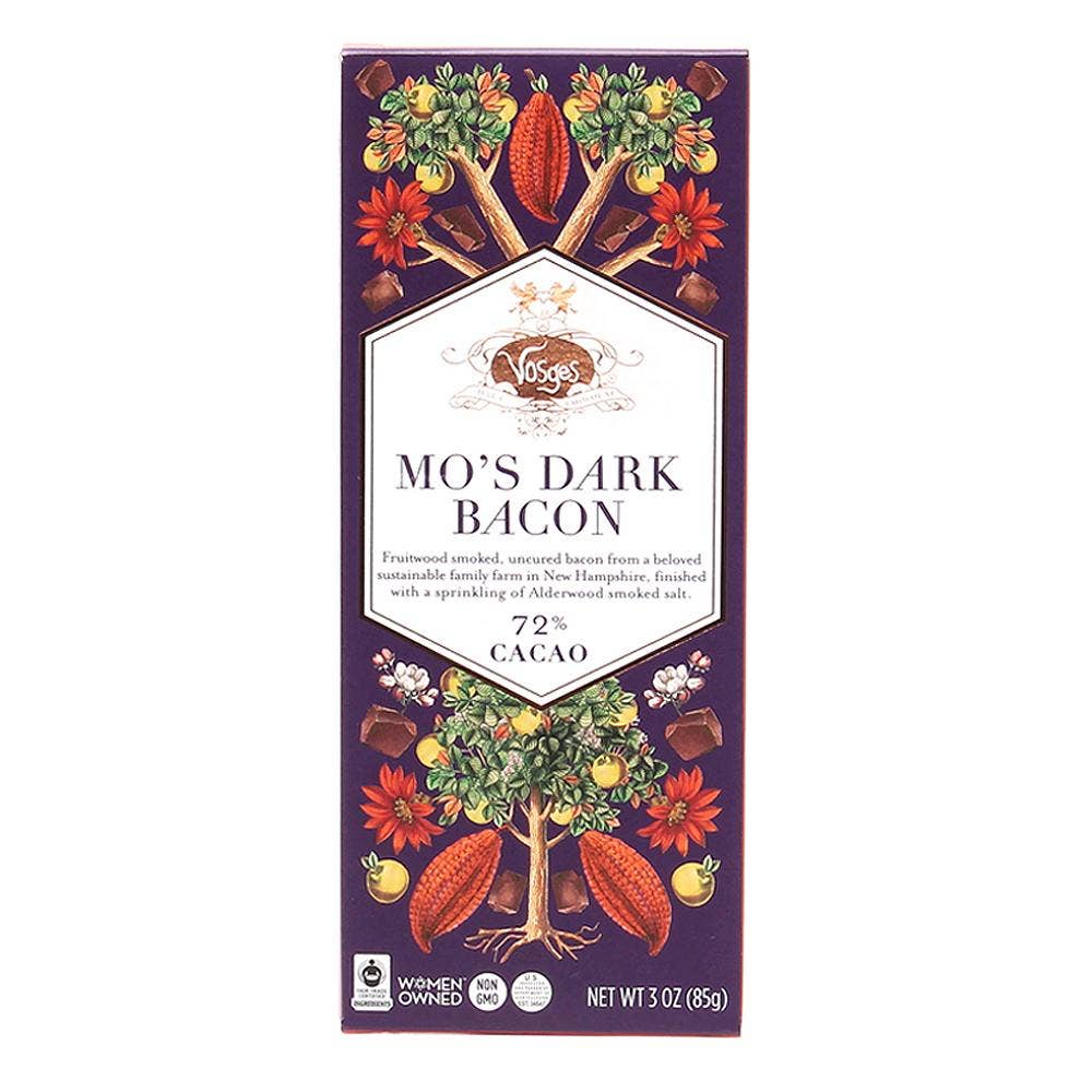 Mo's 72% Dark Chocolate w/ Smoked Bacon & Salt against a white background