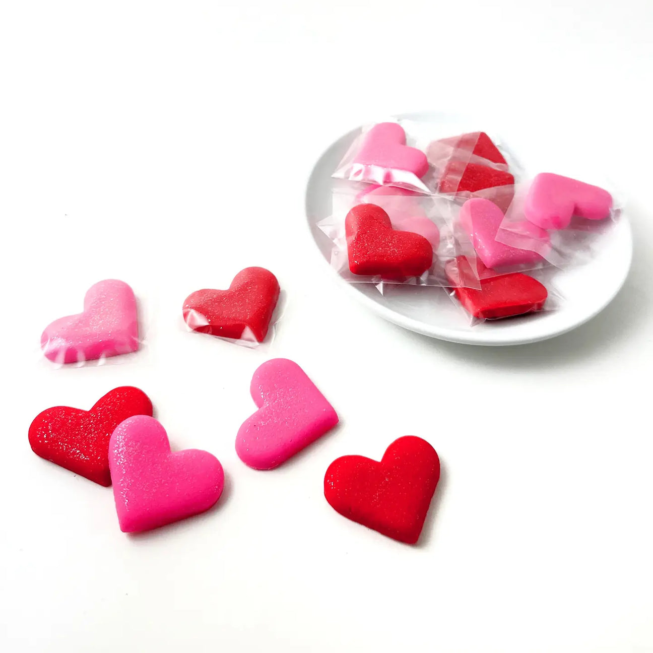 Marzipan Valentine's Candy Glitter Hearts on a white table