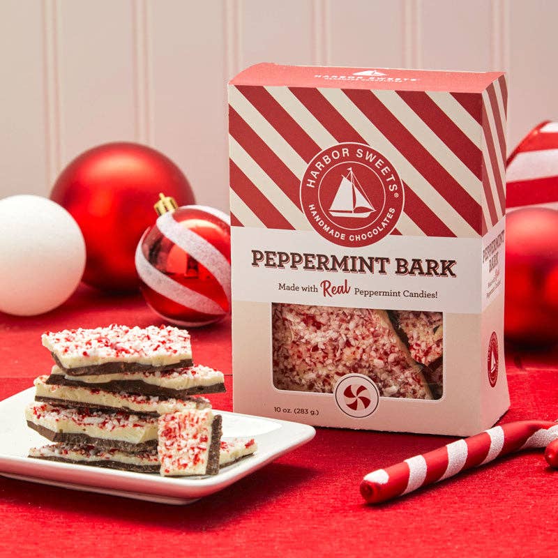 Chocolate & Peppermint Bark on a red table with Christmas decorations