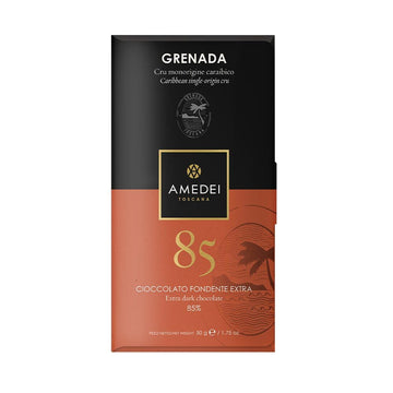 The front of a wrapped Grenada 85% Chocolate Bar Chocolate Bar from Amadei Chocolate.