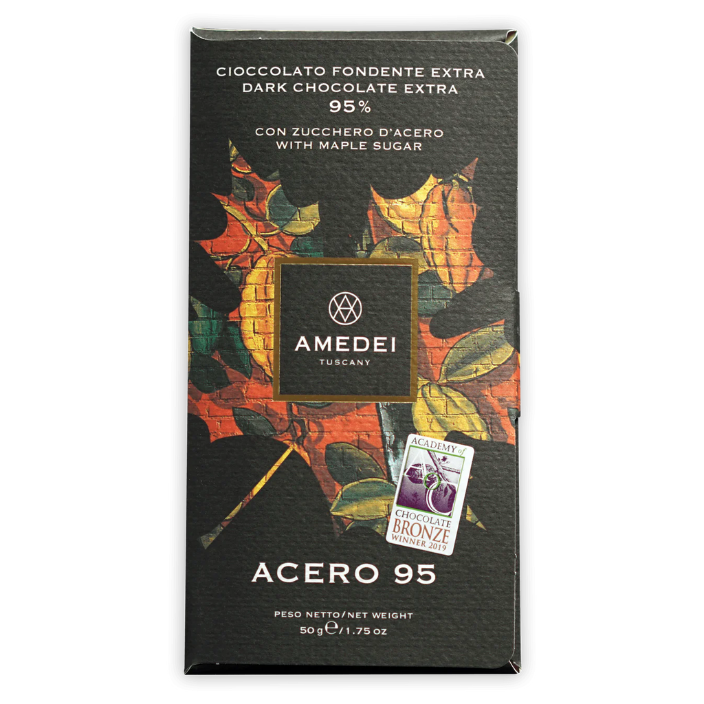 The front of a wrapped Acero with Maple Sugar 95% Chocolate Bar from Amadei Chocolate.