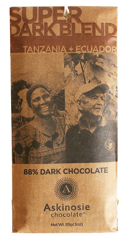 Askinosie Super Dark Blend showing farmers at work in a paper wrapper on a white background