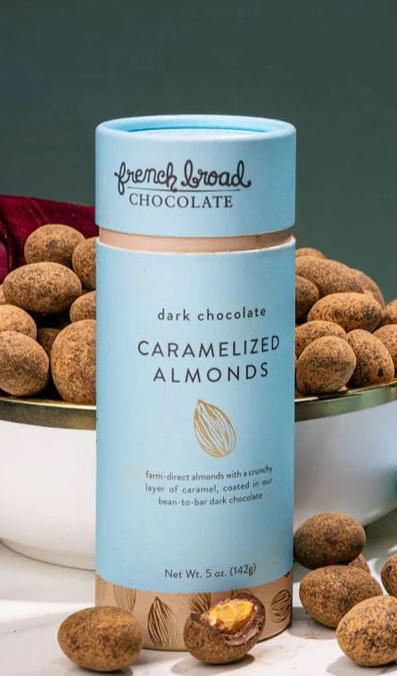 Dark Chocolate-Covered Caramelized Almonds on a table 