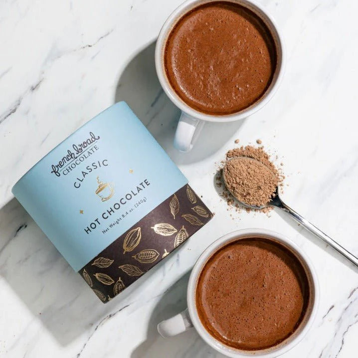 Classic Dark Hot Chocolate on a marble table