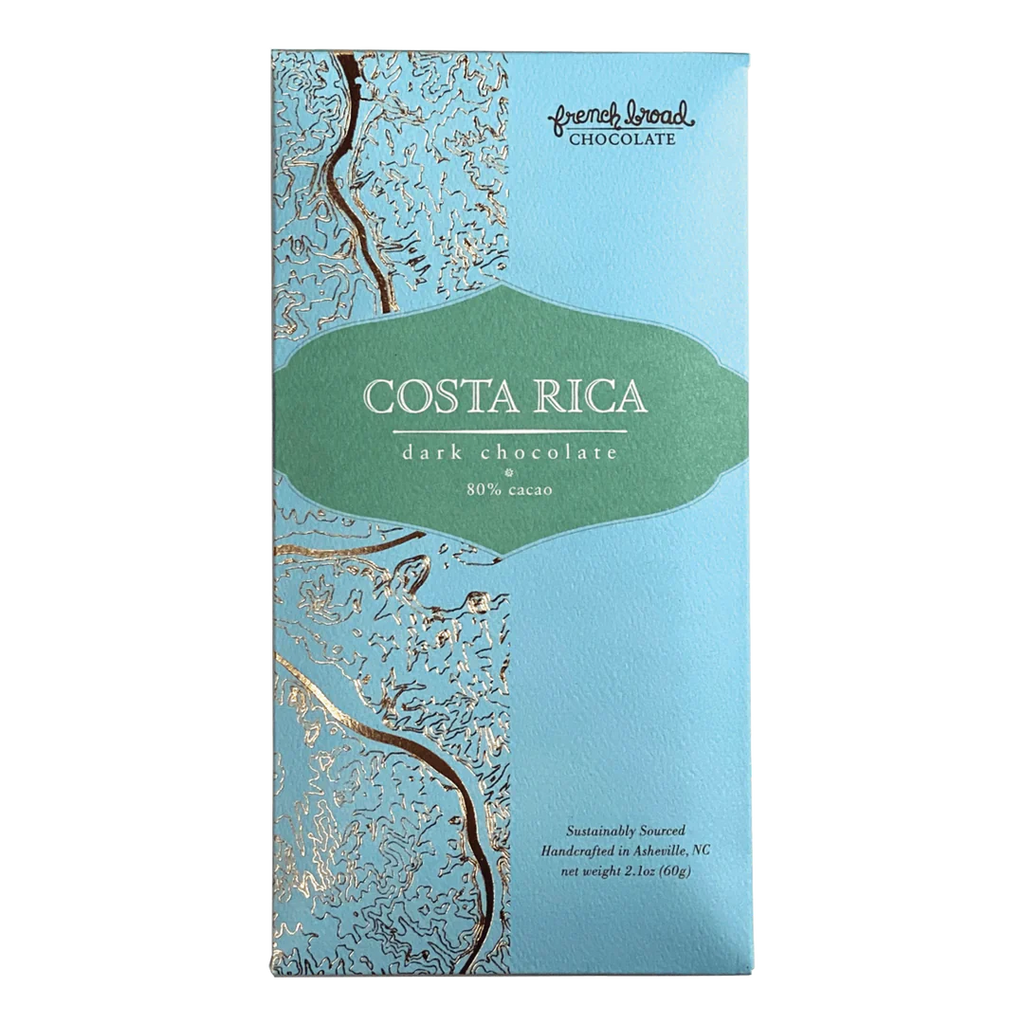 The front of a wrapped Costa Rica 80% chocolate bar.