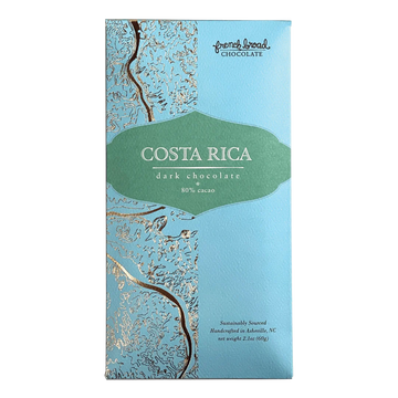 The front of a wrapped Costa Rica 80% chocolate bar.