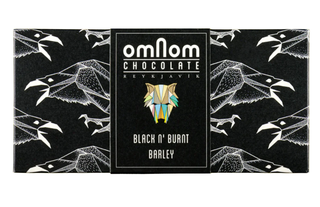 The front of OmNom Chocolate's wrapped Black n' Burnt Barley chocolate bar with a white background.