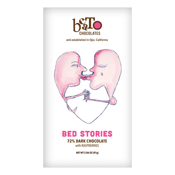 "Bed Stories" 72% Dark Chocolate with Raspberries Front of Package