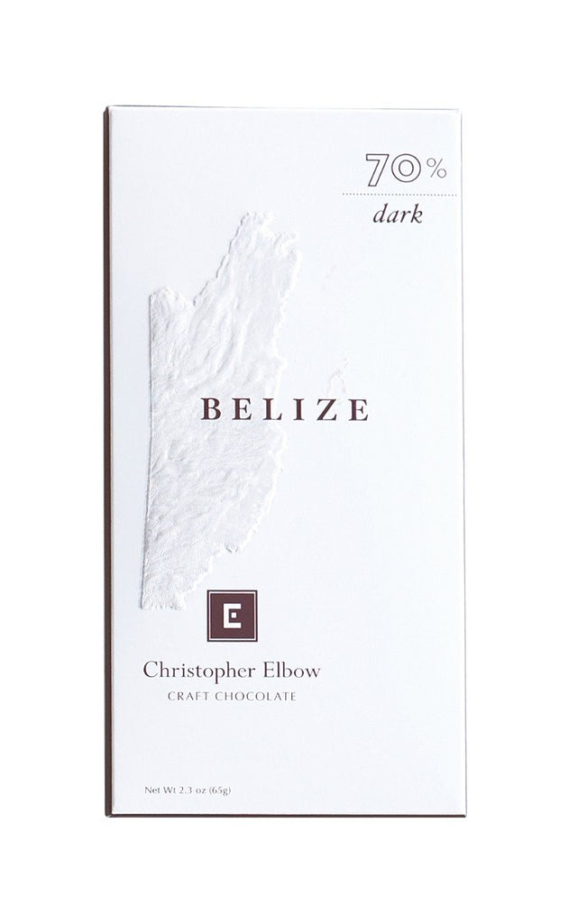 The front of a wrapped 70% Belize Single Origin Dark Chocolate Bar, against a white background.