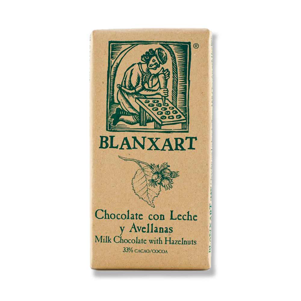 The front of a wrapped Milk Chocolate with Hazelnuts from Blanxart Chocolates, with a white background.