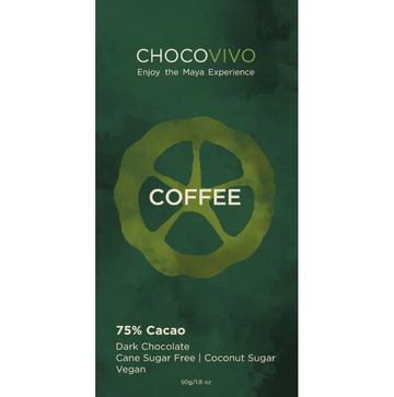 The front of a wrapped ChocoVivo Cacao Coffee Crunch Dark Chocolate Bar 75% at The Chocolate Dispensary, against a white background.