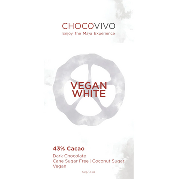 The front of a wrapped ChocoVivo Vegan White 43% at The Chocolate Dispensary, against a white background.