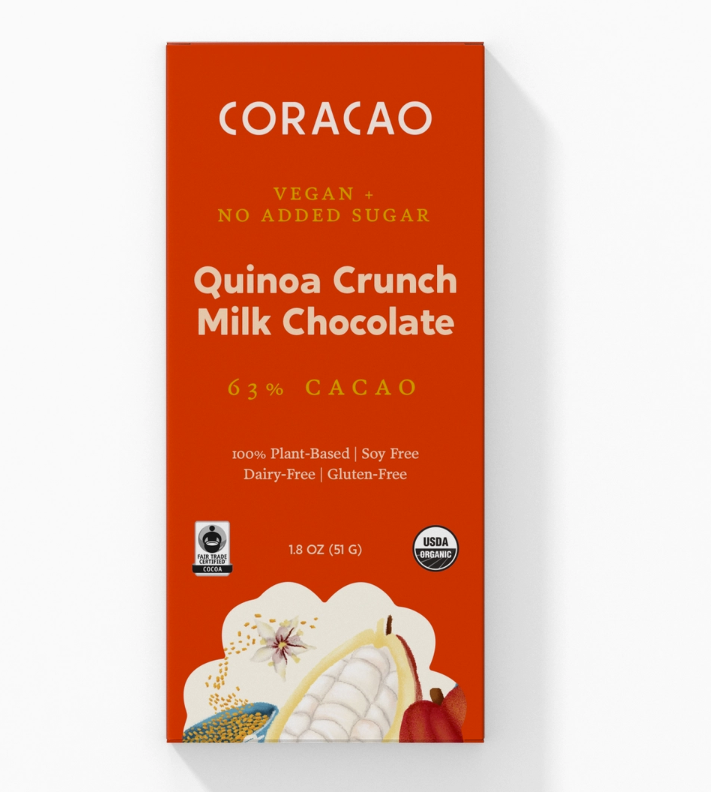 The front of a wrapped Quinoa Crunch Milk Chocolate 63% bar, against a white background.