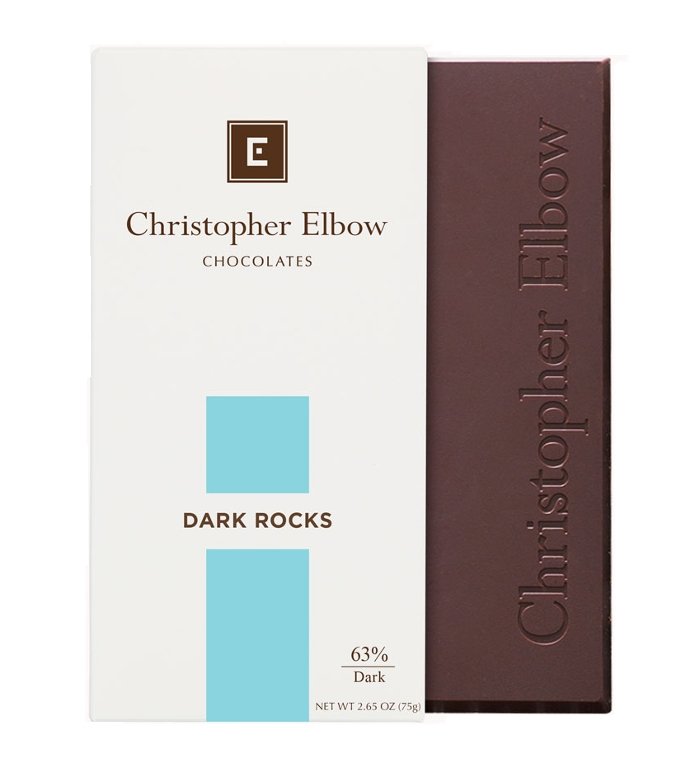 The front of a wrapped "Dark Rocks" chocolate bar from Christopher Elbow, against a white background.