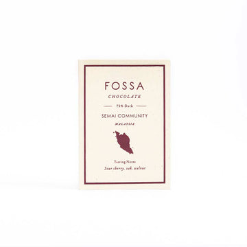 The front of Fossa's wrapped Semai Community 72% Dark Chocolate Bar with a white background.