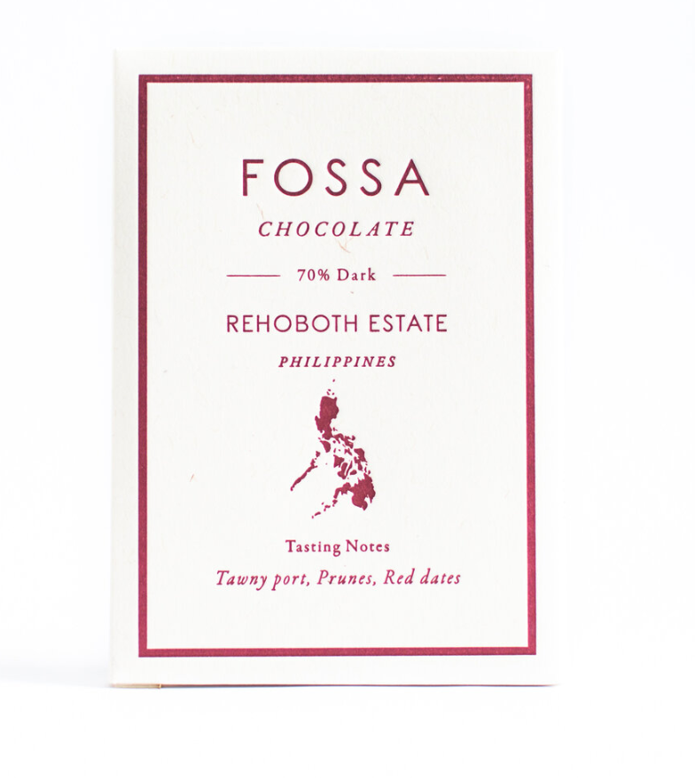 The front of Fossa's wrapped Rehoboth Estate 70% Dark Chocolate bar with a white background.