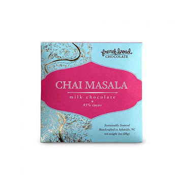 The front of a wrapped Chai Masala Milk 45% Mini bar against a white background.