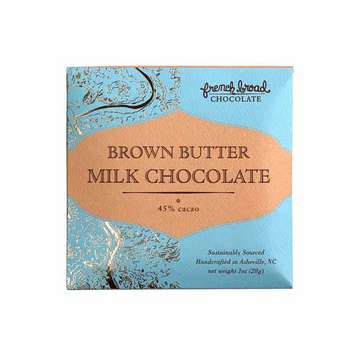 The front of a wrapped Brown Butter Milk Chocolate 45% Mini bar against a white background.