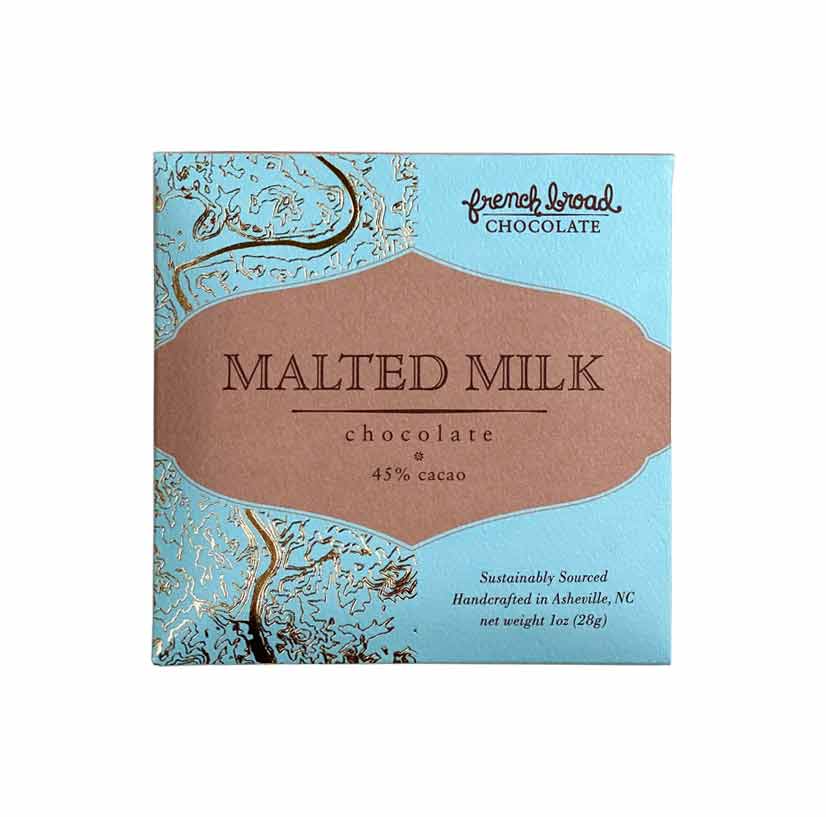 The front of a wrapped Malted Milk 45% Mini bar against a white background.