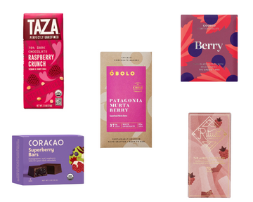 Images of five chocolate bars for the "Berry in Love" bundle at The Chocolate DIspensary