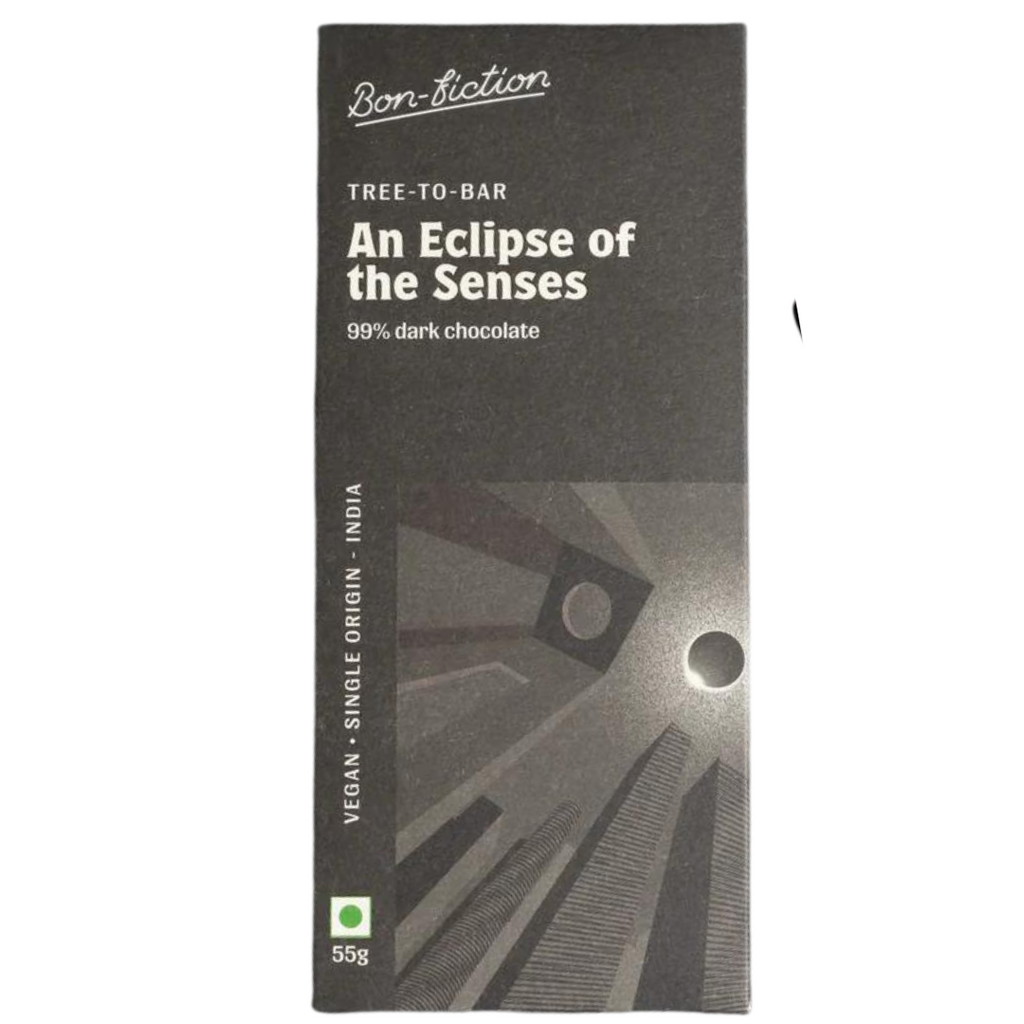 The front of a wrapped "An Eclipse of the Senses 99%" chocolate bar, with a white background.