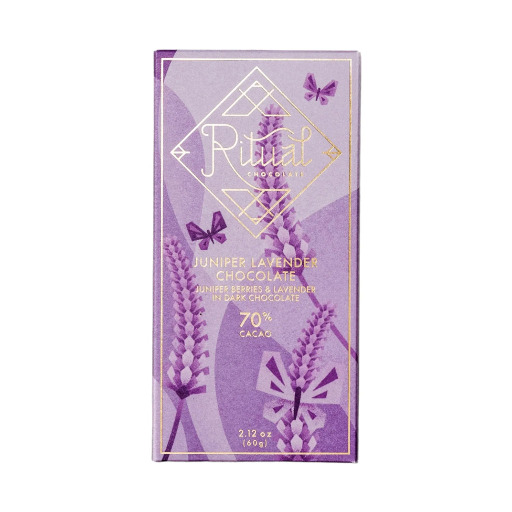 Ritual Chocolate Juniper Lavender Chocolate Bar Package against a white background