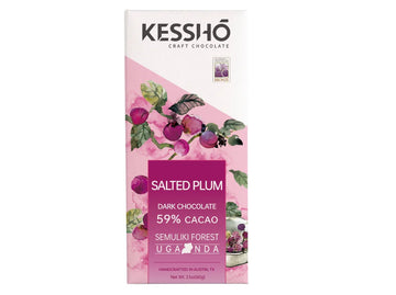 The front of a wrapped Salted Plum 59% Cacao bar against a white background