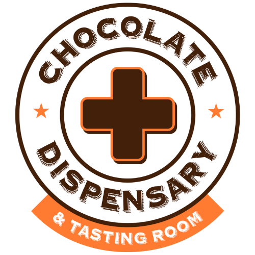 Chocolate dispensary logo, orange, white, and brown with a brown cross