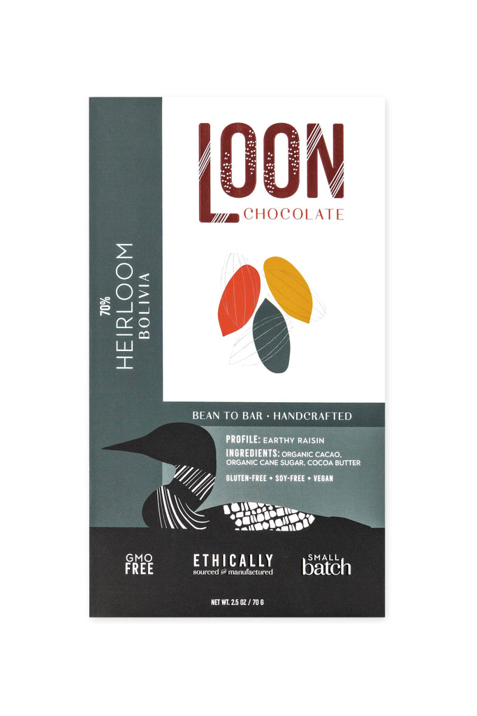 Loon Chocolate 70% Bolivia packaged chocolate bar against a white background