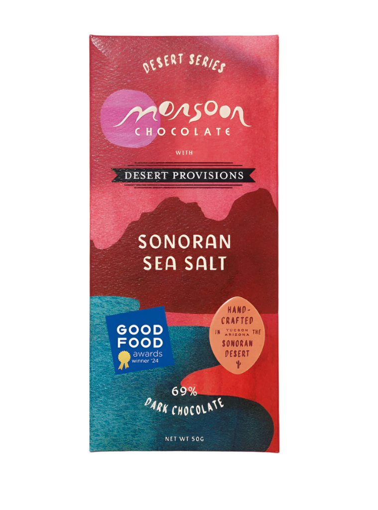 Wrapped Sonoran Sea Salt 69% Dark Chocolate bar against a white background