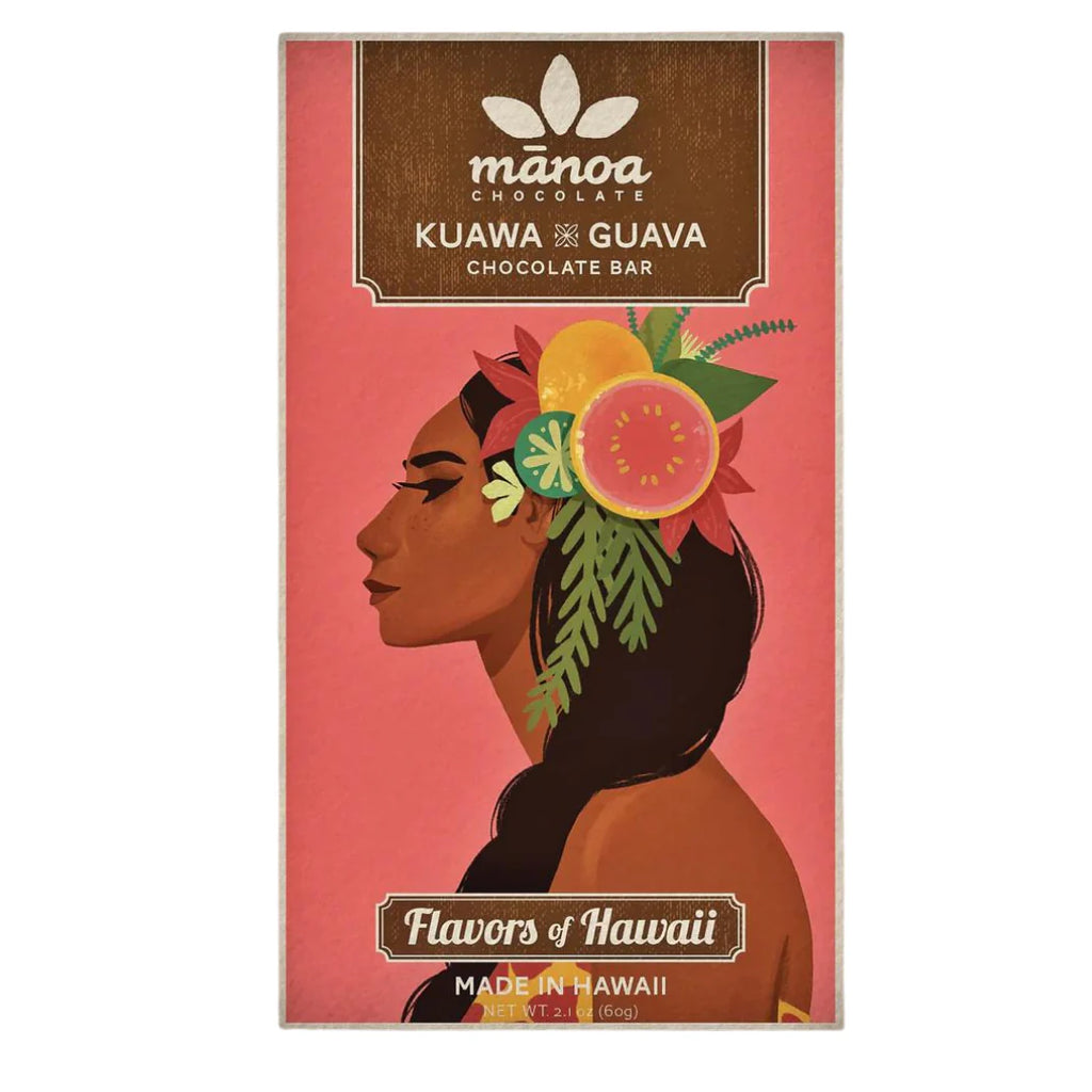 The front of a wrapped Kuawa x Guava 50% Vegan milk chocolate - Hawai'i bar against a white background