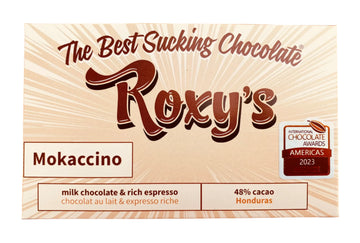 Roxy's Mokaccino Chocolate Bar Package against a white background