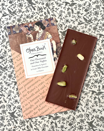 One Thousand and One Nights chocolate bar on a table with birds and florals