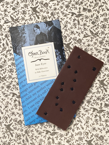 Jane Eyre chocolate bar on a table with florals and birds