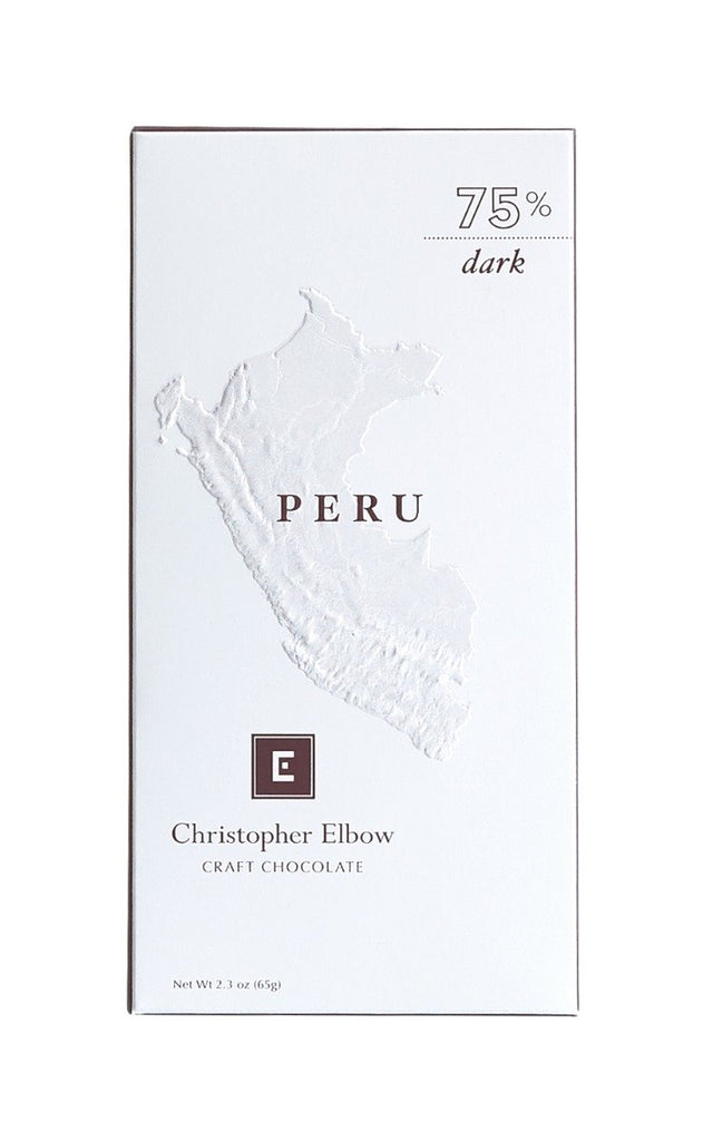 The front of a wrapped 75% Peru Single Origin Dark Chocolate Bar, against a white background.