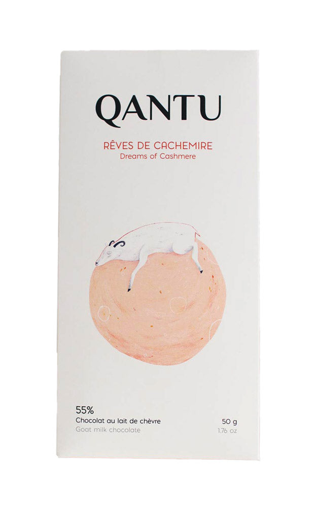 The front of Qantu Chocolate's wrapped Reves De Cachemire 55% chocolate bar, with a white background.