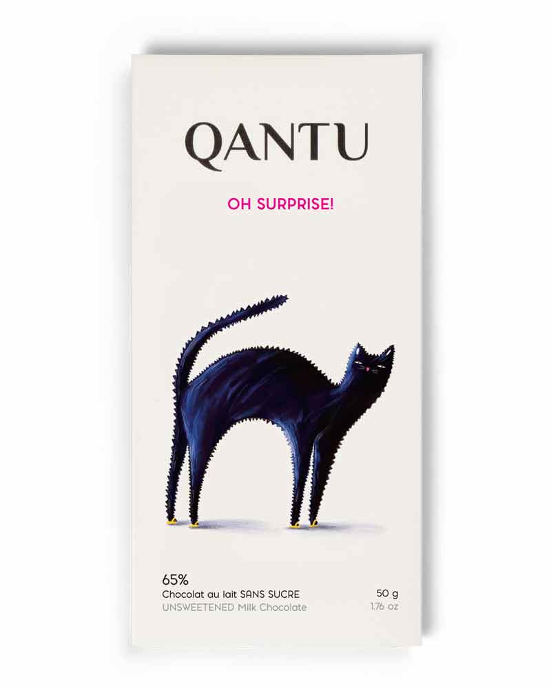 The front of Qantu Chocolate's wrapped Oh Surprise 65% Milk Chocolate bar, with a white background.