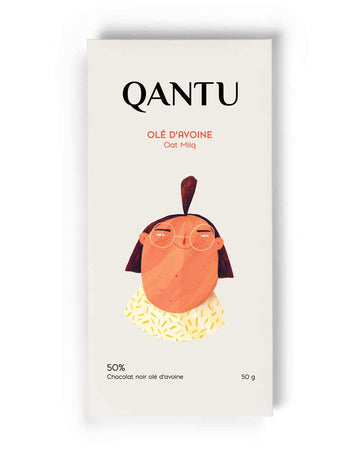 The front of Qantu Chocolate's wrapped Ole D'avoine Oat Milq 50% chocolate bar, with a white background.