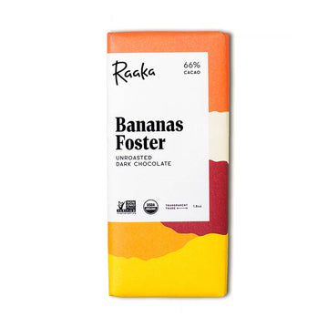 Raaka Bananas Foster Unroasted Dark Chocolate 66% on white background