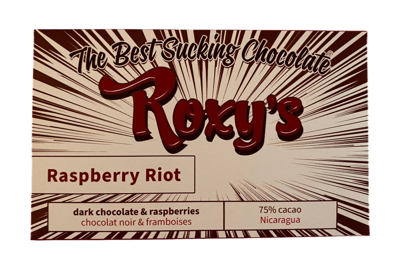 Raspberry Riot Chocolate Bar Package against a white background