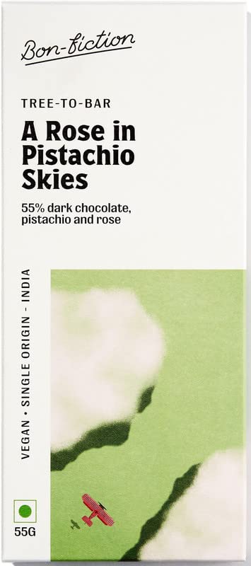 The front of a wrapped "A Rose in Pistachio Skies" chocolate bar.