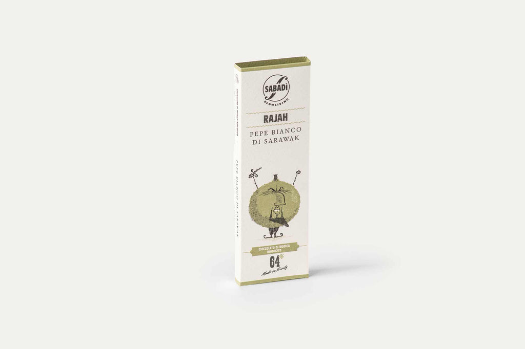 Rajah Organic Traditional Modica Chocolate w/ White Peppercorns 64% against a white background