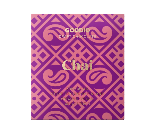 The pink and purple front of a wrapped Chai 50% bar from Goodio Chocolate on a white background